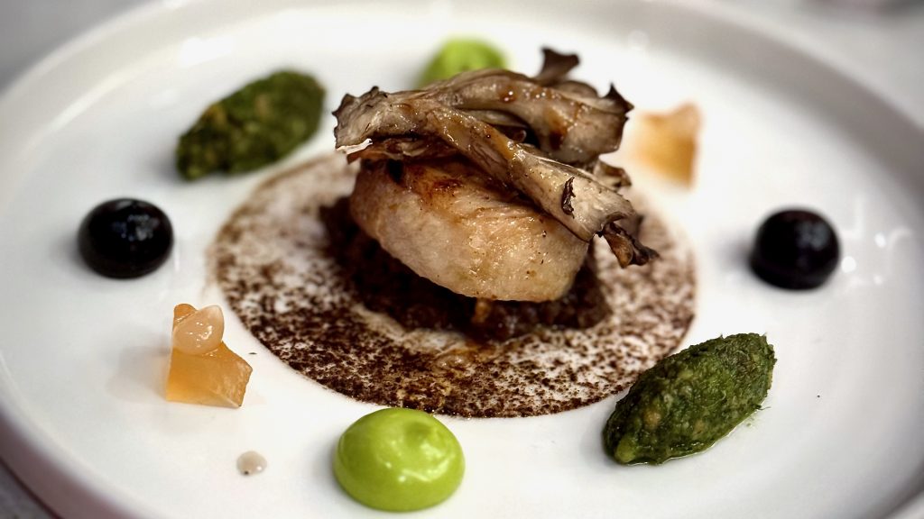 Chicken Arrollado, Hen Of The Woods, Black Garlic, Hazelnut Pesto, Bergamot, Lovage, Muscatel