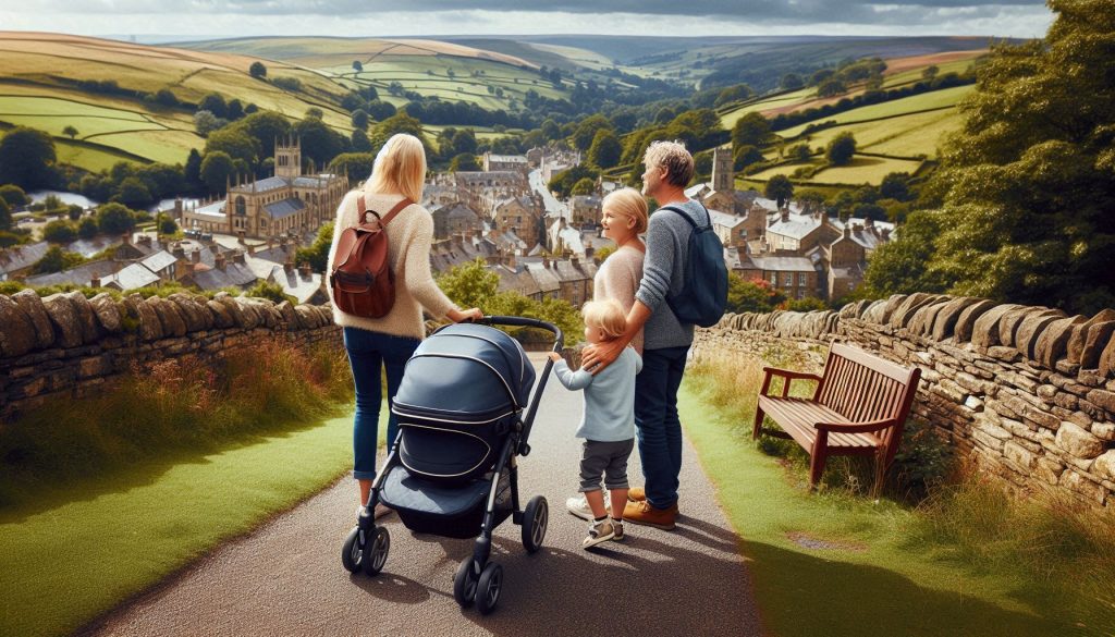 Family with a travel stroller enjoying Yorkshire's scenic countryside