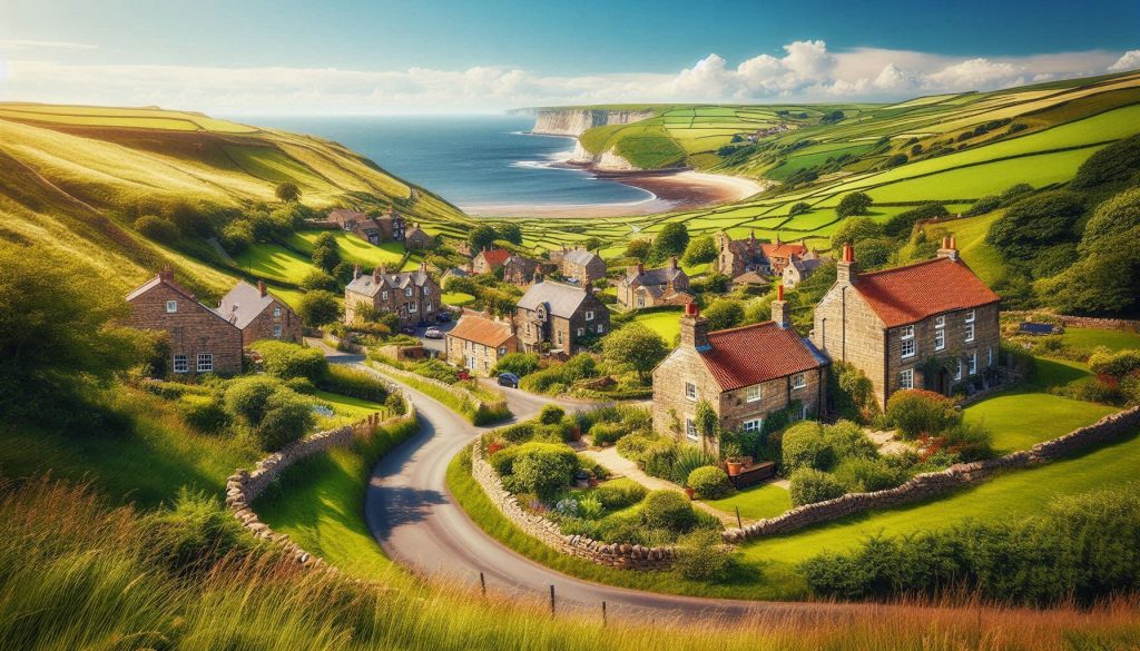 Scenic summer view of Yorkshire with rolling green hills, a charming village, and a winding coastal road under a bright blue sky.