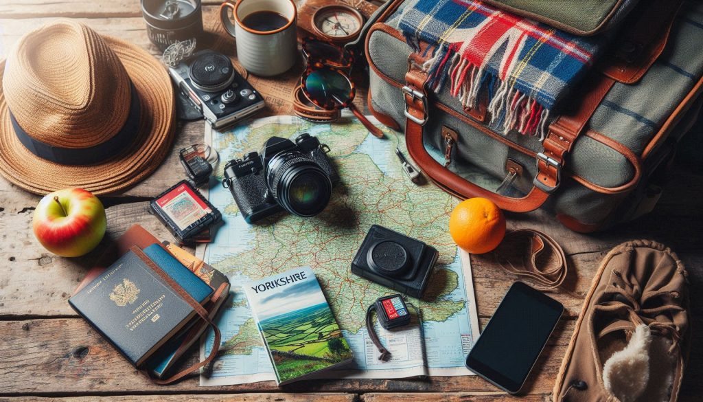 Travel essentials for a Yorkshire vacation arranged on a wooden table, including a waterproof jacket, walking boots, camera, map, and guidebook, with a rustic and organized backdrop.