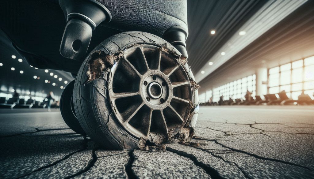 Close-up view of a damaged luggage wheel showing cracks and wear on an airport terminal floor.