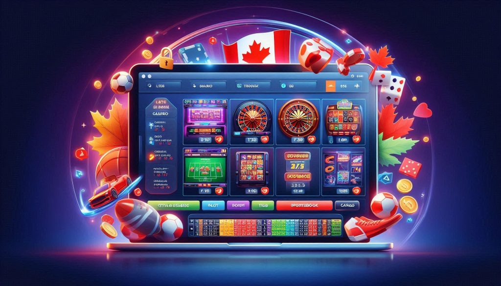 User-friendly online casino interface displaying slot machines, blackjack, and roulette alongside a sportsbook section with odds for football, basketball, and hockey. Symbols of security and Canadian icons like a maple leaf emphasize the platform's focus on safe gaming for Canadian players.