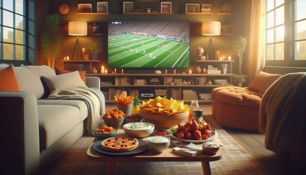 Snacks at the table with a sports game on the TV