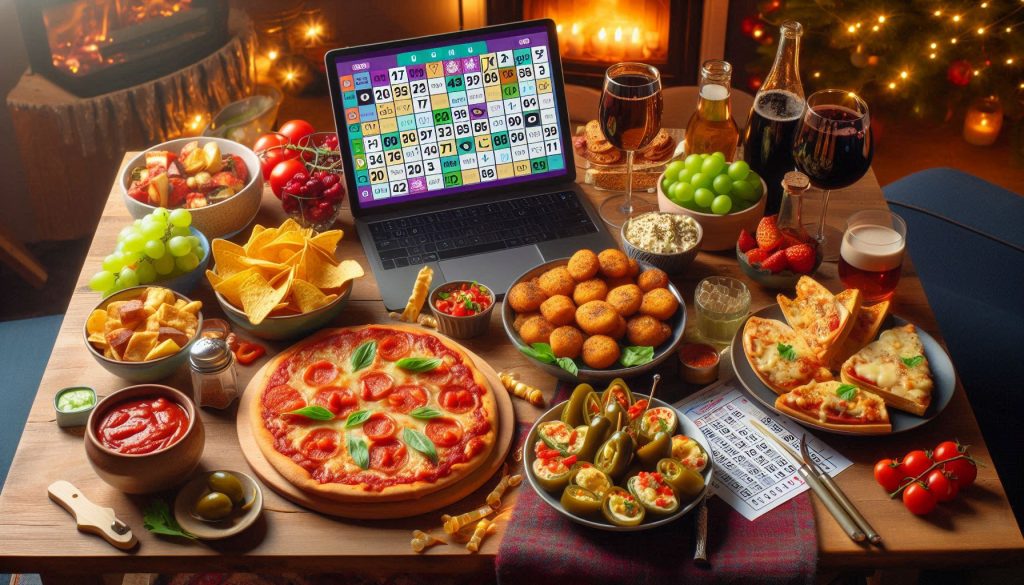 An inviting spread of snacks for an online bingo night, featuring pizza bites, nachos, veggie skewers, stuffed jalapeños, cheese and tomato toasties, and a charcuterie board. In the background, a computer displays a bingo game, creating a fun and festive atmosphere.