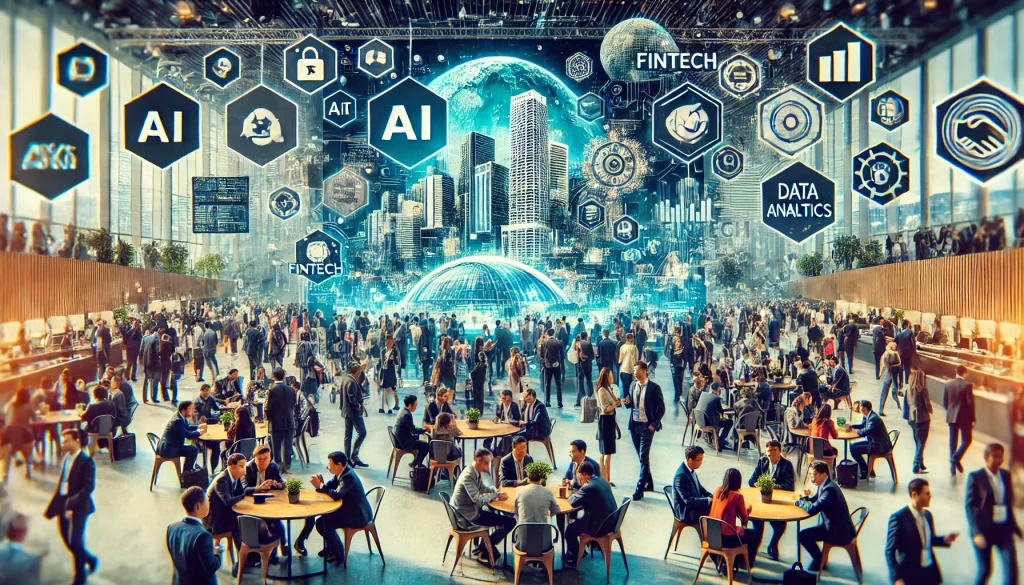 An energetic tech conference scene with diverse professionals networking and engaging in discussions. Large digital screens display themes like AI, FinTech, and data analytics. The setup includes both formal and casual areas, reflecting the vibrant, collaborative spirit of the event.