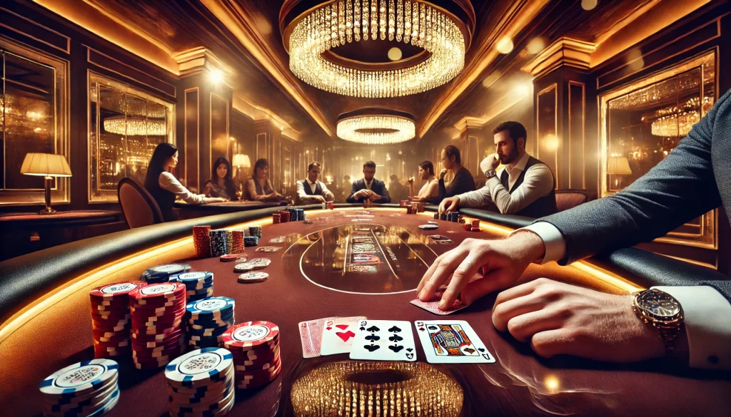 Luxurious poker game scene in a casino setting with a table filled with poker chips, playing cards, and players focused on their hands. The warm lighting and elegant ambiance capture the intensity, strategy, and skill involved in high-stakes poker