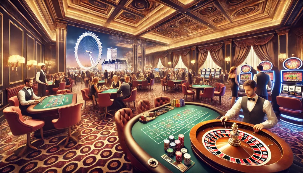 A glamorous UK casino interior with a vibrant gaming floor, featuring roulette tables, slot machines, and poker chips. Elegantly dressed people are enjoying the games, with soft ambient lighting and subtle hints of UK landmarks like Big Ben in the background, blending British charm with a lively casino atmosphere.
