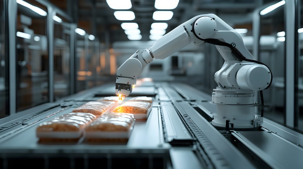 Advanced robot scanning packaged food items with X-ray, detecting internal flaws with precision, cold and clinical industrial setting
