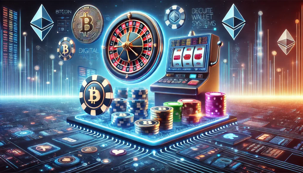 Futuristic digital landscape showcasing the intersection of online gambling and finance, featuring a glowing casino interface with slot machines, roulette wheels, and poker chips merging into financial icons like cryptocurrency symbols, digital wallets, and secure payment systems, set against a neon-lit cityscape with vibrant blues, golds, and purples.