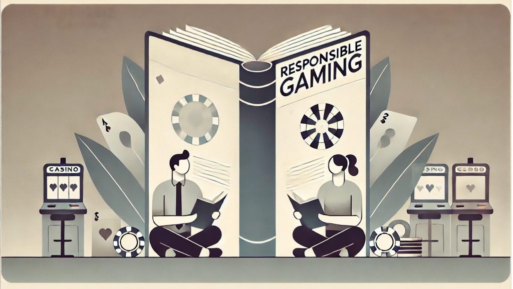 This image depicts a scene focused on the concept of responsible gaming. It features two individuals, one male and one female, sitting cross-legged and reading books titled "Responsible Gaming." The setting is stylized with casino-themed elements such as slot machines, poker chips, playing cards, and roulette wheels. The background is muted and neutral, emphasizing a balanced and educational perspective on gaming. The overall composition suggests the importance of awareness, knowledge, and education in fostering responsible gambling habits.