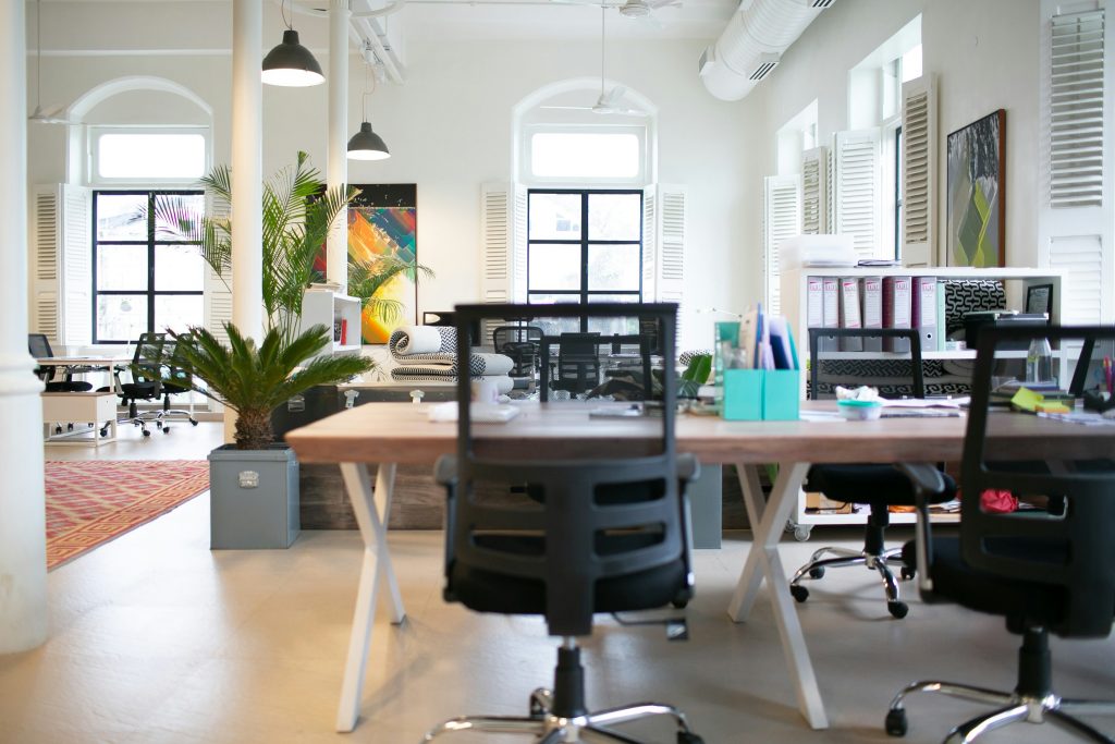 A modern, brightly lit office space with empty chairs at desks, indoor plants, and colourful artwork on the walls, conveying a calm yet vacant workplace atmosphere.