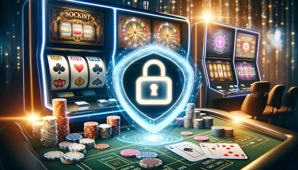 A modern digital casino environment with slot machines, poker chips, and playing cards. A glowing padlock icon is overlaid, symbolizing security and data protection. The background has a sleek and professional design, subtly incorporating elements of trust and regulation, representing a safe online gambling experience.