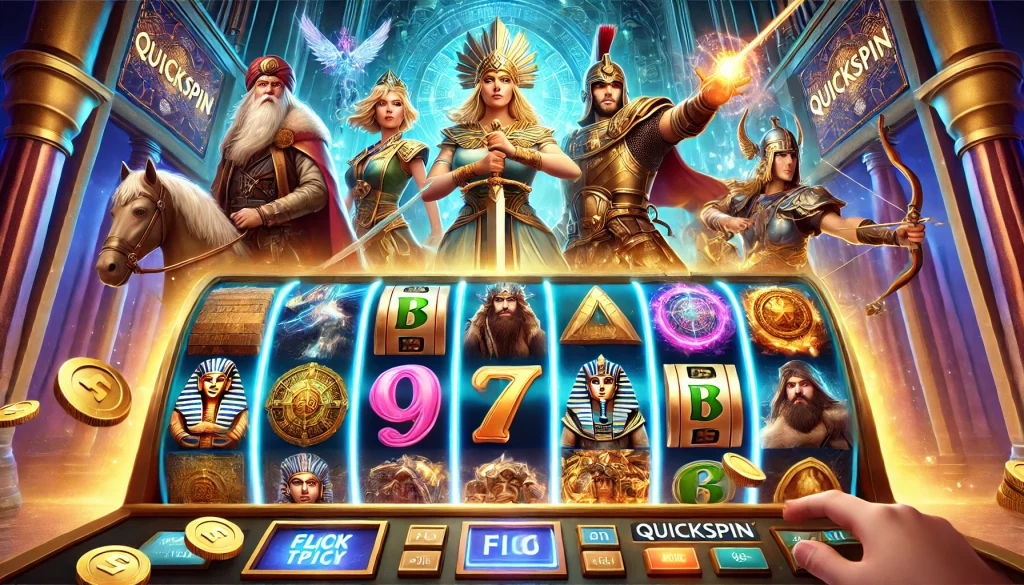 A vibrant digital illustration of Quickspin slot games featuring a mix of fairytale, mythology, and adventure-themed elements. The image includes a medieval knight, an Egyptian pharaoh, a Viking warrior, and a magical fantasy world. Slot reels spin in the foreground, displaying symbols like treasure chests, mythical creatures, and golden coins. The background showcases a brightly lit casino setting with a sleek, modern interface, emphasizing the excitement of online slot gaming.