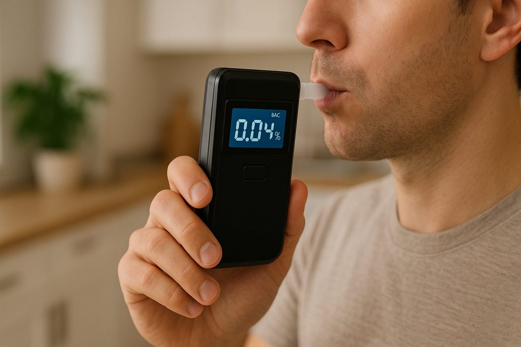 A man in a beige t-shirt uses a handheld digital breathalyser in a modern kitchen, with the device displaying a 0.04% BAC reading on its blue-lit screen.