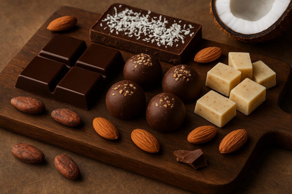 A rustic wooden board topped with an assortment of vegan chocolates, including dark chocolate squares, oat milk truffles, white chocolate chunks, and a coconut bar, surrounded by cocoa beans, almonds, and a cracked coconut, all bathed in warm natural light.