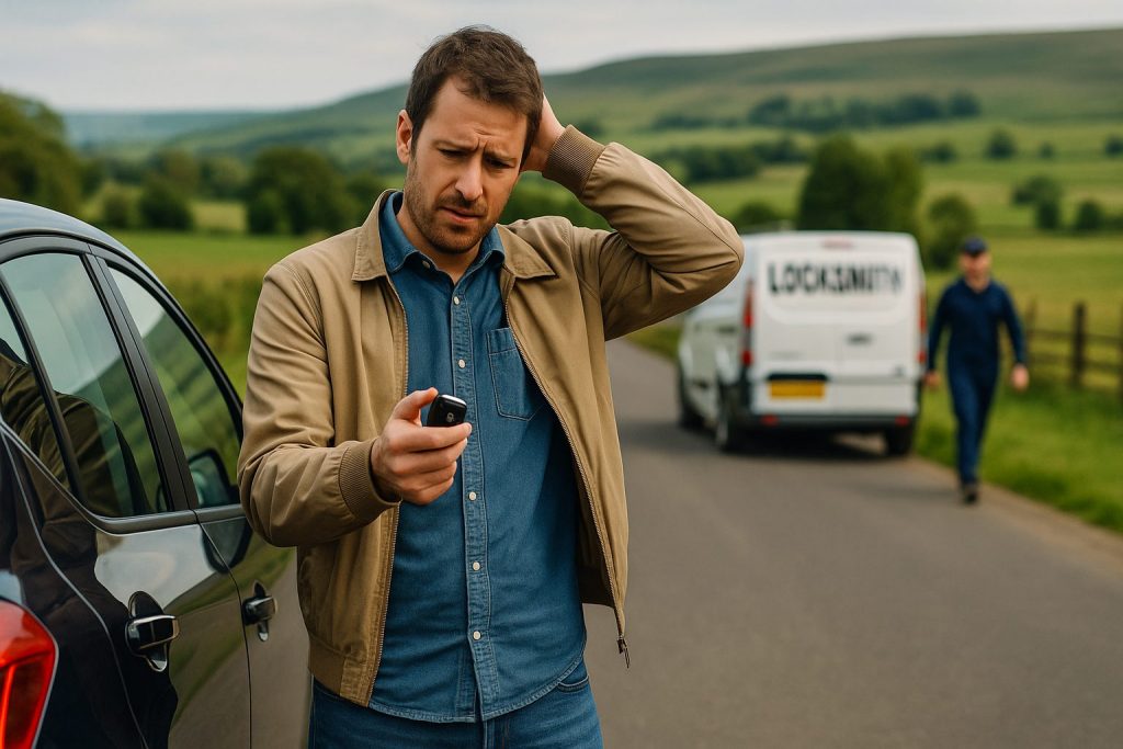A Caucasian man in his 30s stands beside a dark blue car on a rural Yorkshire road, looking concerned while holding a car key fob. He has one hand on the back of his head. In the background, a white locksmith van is parked on the roadside with a technician walking toward the car. Rolling green hills and fields stretch into the distance under an overcast sky.