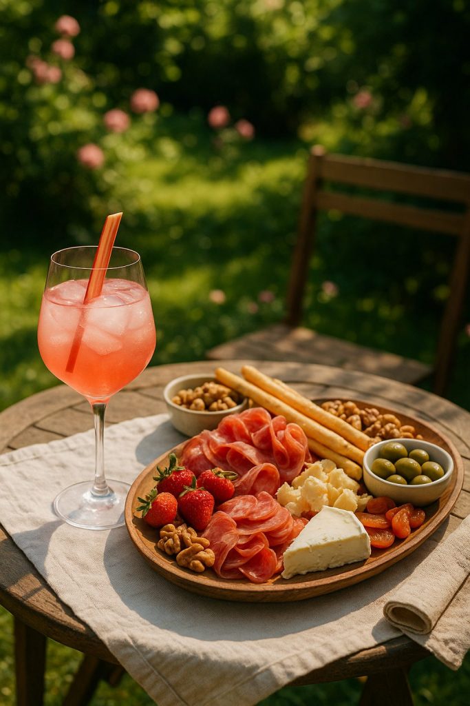 Yorkshire rhubarb recipes in a summer garden setting, featuring a rhubarb gin cocktail and artisan charcuterie board