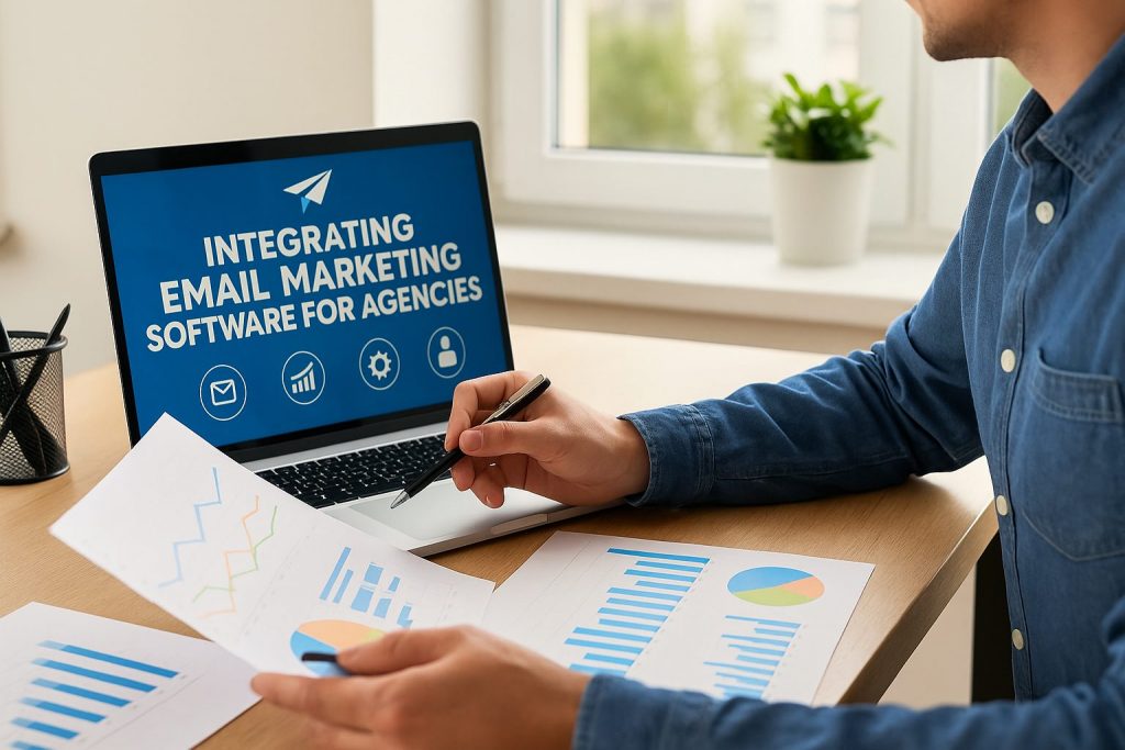 A professional marketer sits at a wooden desk in a bright office, analyzing printed graphs while viewing a laptop screen displaying the text “Integrating Email Marketing Software for Agencies.” A pen is held in one hand, with data charts and a plant in the background, conveying a focus on digital marketing strategy.
