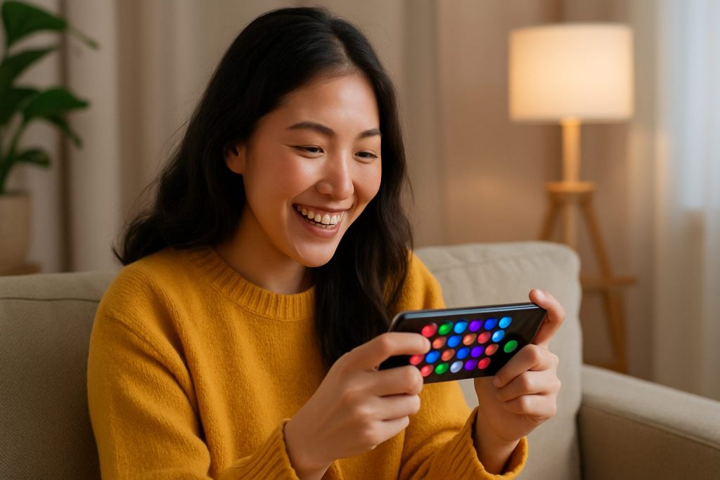 A young woman with long dark hair wearing a mustard-yellow sweater smiles brightly while playing a colourful puzzle game on her smartphone, seated on a beige sofa in a warmly lit living room with a lamp and green houseplant in the background.