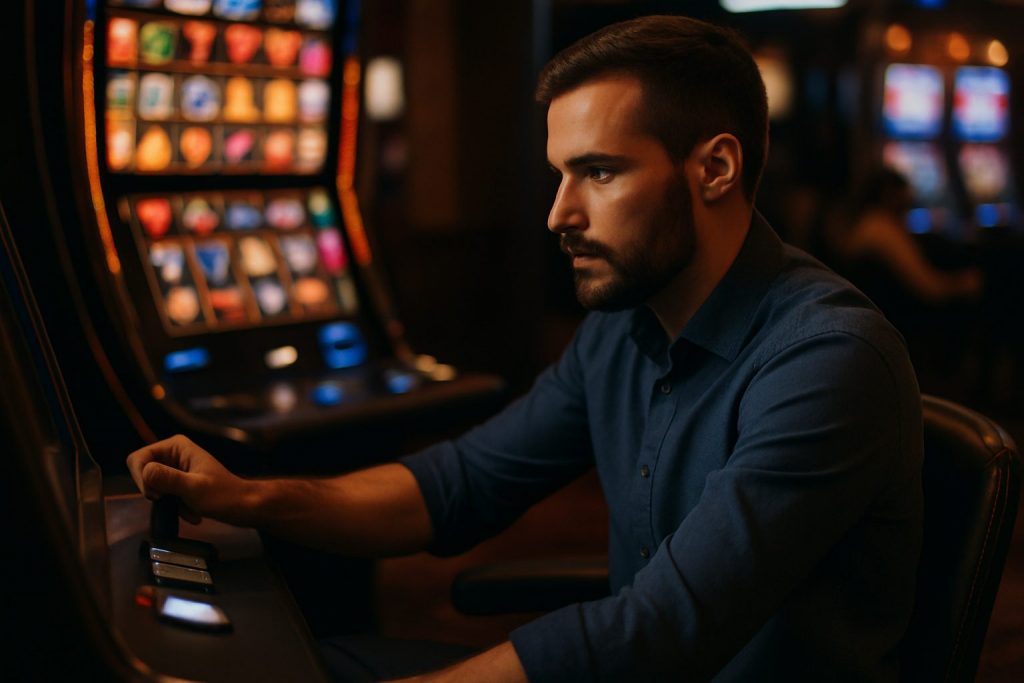 A focused man in his early thirties sits at a slot machine in a dimly lit casino, gripping the lever with one hand. The colorful slot machines in the background cast a warm glow, highlighting the intense atmosphere of the gaming environment.
