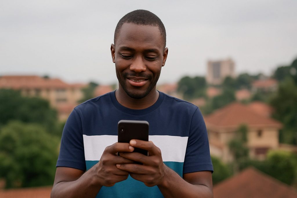 A young African man with short hair, wearing a navy blue, white, and teal colour-blocked t-shirt, smiles as he looks at his smartphone while standing outdoors. The background features a soft-focus view of rooftops and greenery under an overcast sky, creating a relaxed and natural setting.