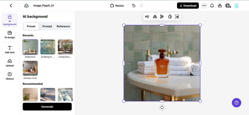 Screenshot of the Pippit AI background editor showing a product photo of an orange glass bottle placed on a white countertop with neatly folded white towels in the background. The selected AI background preset is a tiled bathroom scene. The left sidebar displays editing options including AI design, Add text, Upload, and History, with recent and recommended background presets visible.