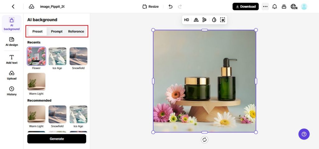Screenshot of the Pippit AI background editor showing a product photo of two dark green cosmetic containers with gold caps on a small wooden stand, surrounded by colorful flowers. The left sidebar displays background options under Preset, Prompt, and Reference tabs, with recent and recommended backgrounds including Flower, Ice Age, Snowfield, and Warm Light. The “Generate” button is visible at the bottom.