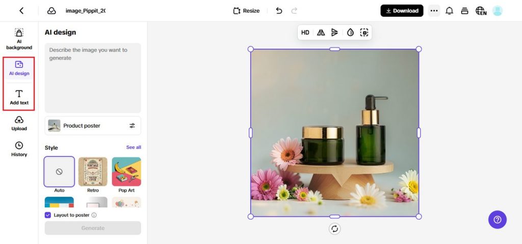 Screenshot of the Pippit AI design editor showing a product photo of two dark green cosmetic containers with gold caps on a small wooden stand, surrounded by colorful flowers. The left sidebar includes options for AI background, AI design, Add text, Upload, and History. The AI design panel displays a description box, a “Product poster” setting, and style options such as Auto, Retro, and Pop Art.