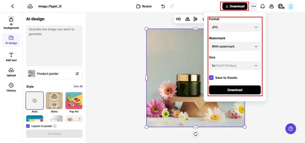 Screenshot of the Pippit AI design editor showing a product photo of two dark green cosmetic containers with gold caps on a small wooden stand, surrounded by colorful flowers. The left sidebar includes AI background, AI design, Add text, Upload, and History options. The download menu is open in the top right, displaying settings for Format (JPG), Watermark (With watermark), Size (1x 1024×1024px), and a “Save to Assets” checkbox, along with a black Download button.