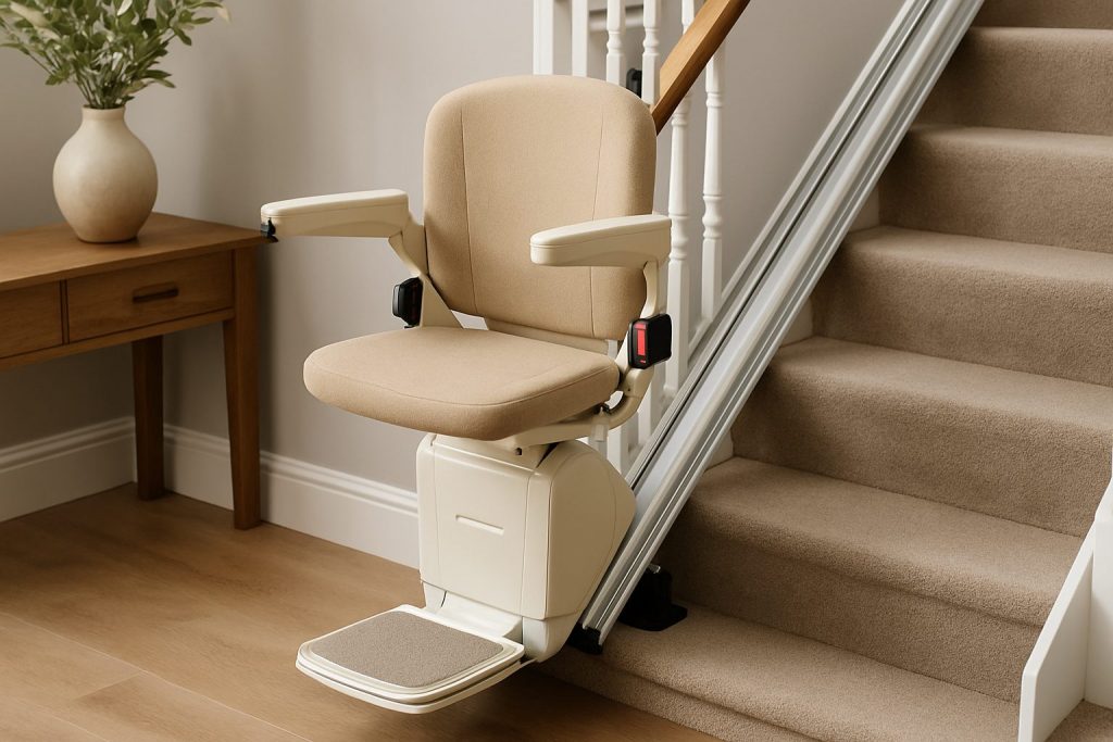 A beige stairlift installed on a carpeted staircase in a modern, well-lit home interior, featuring a wooden handrail, white spindles, and a side table with a ceramic vase of greenery.
