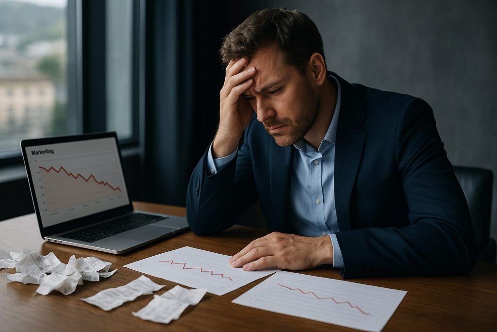 A worried businessman in a navy suit sits at a desk cluttered with receipts and printed graphs, looking stressed while reviewing a laptop screen displaying a declining marketing chart.
