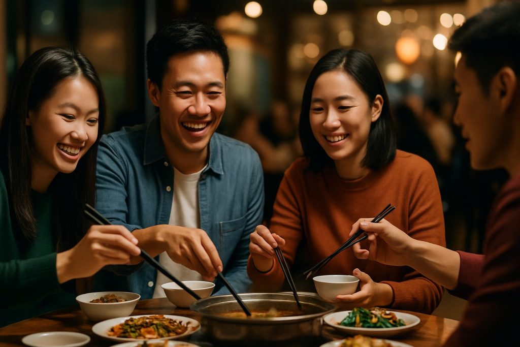 A group of four East Asian friends sit around a wooden table in a warmly lit restaurant, smiling and laughing as they share a hot pot meal with chopsticks, surrounded by various shared dishes, with the softly blurred background creating a cosy, intimate atmosphere.