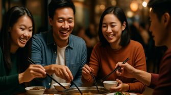 A group of four East Asian friends sit around a wooden table in a warmly lit restaurant, smiling and laughing as they share a hot pot meal with chopsticks, surrounded by various shared dishes, with the softly blurred background creating a cosy, intimate atmosphere.
