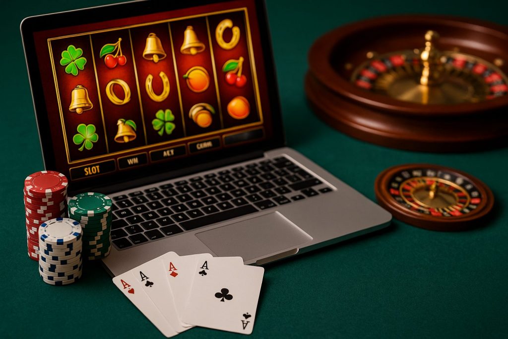 A high-resolution landscape photo showing a laptop with a slot game on screen, poker chips stacked beside it, three aces on the table, and a roulette wheel in the background.