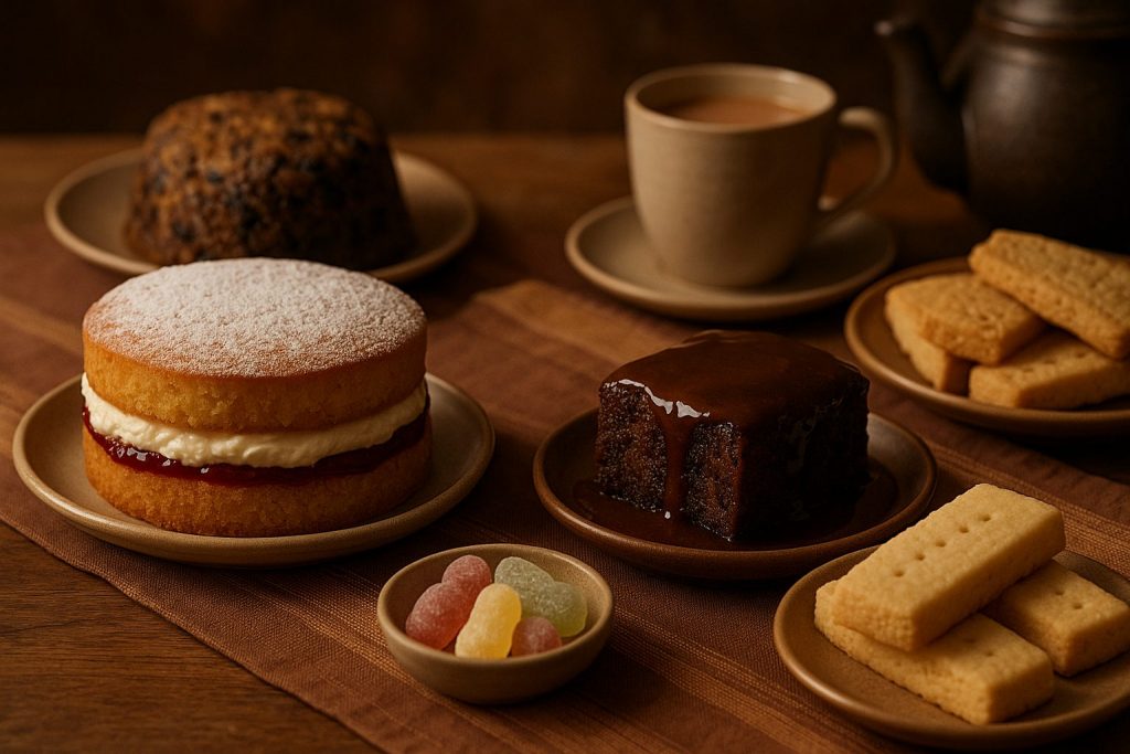 A warm, close-up display of traditional British sweet treats on a rustic wooden table, including a Victoria sponge filled with cream and jam, sticky toffee pudding topped with rich sauce, buttery shortbread biscuits, colourful jelly babies, and a classic Christmas pudding, with a teacup and teapot in the background.