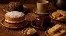 A warm, close-up display of traditional British sweet treats on a rustic wooden table, including a Victoria sponge filled with cream and jam, sticky toffee pudding topped with rich sauce, buttery shortbread biscuits, colourful jelly babies, and a classic Christmas pudding, with a teacup and teapot in the background.