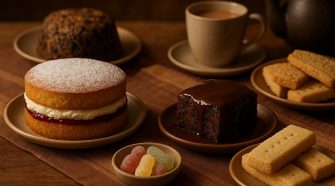 A warm, close-up display of traditional British sweet treats on a rustic wooden table, including a Victoria sponge filled with cream and jam, sticky toffee pudding topped with rich sauce, buttery shortbread biscuits, colourful jelly babies, and a classic Christmas pudding, with a teacup and teapot in the background.