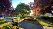 A peaceful park scene in Yorkshire with benches along a pathway, trees in autumn colours, and warm sunlight filtering through the leaves.