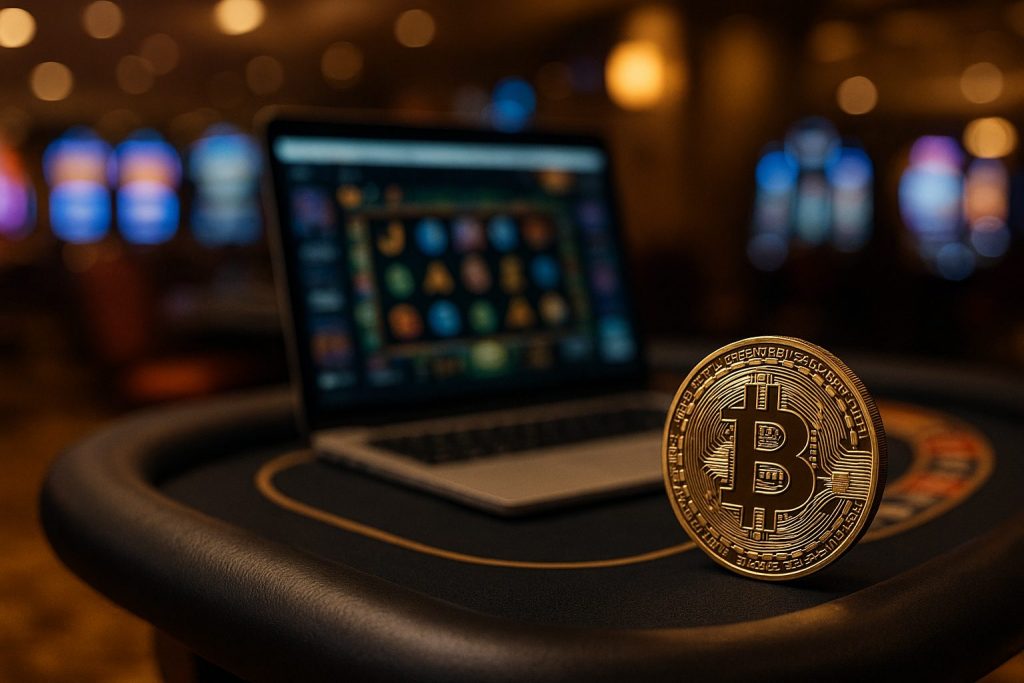 A gold Bitcoin coin on a casino table with a laptop showing an online slot game in the background, photographed in a dimly lit casino setting.