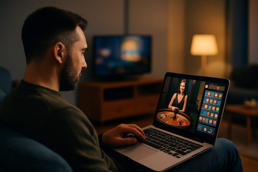 A man sits on a modern sofa in a dimly lit living room, focused on a laptop displaying a live online casino game with a female dealer and poker chips. A television and warm ambient lighting create a relaxed atmosphere in the background.