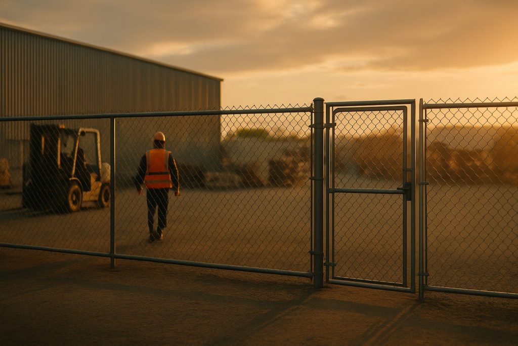 Industrial yard at sunset with a worker in a high-visibility vest walking past a chain-link fence and gate, with a forklift and warehouse in the background.