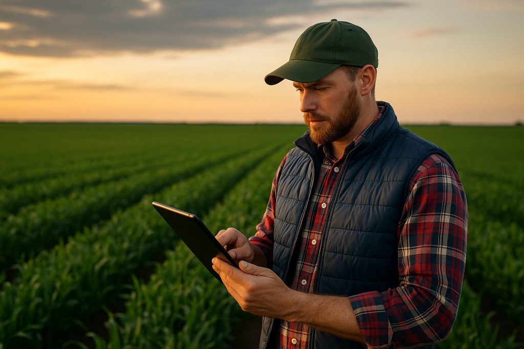 A farmer in a green cap and checkered shirt stands in a lush crop field at sunset, using a tablet to analyse data, symbolising how AI technology supports modern agriculture.
