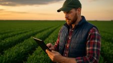 A farmer in a green cap and checkered shirt stands in a lush crop field at sunset, using a tablet to analyse data, symbolising how AI technology supports modern agriculture.