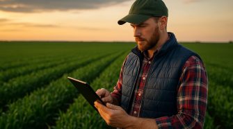A farmer in a green cap and checkered shirt stands in a lush crop field at sunset, using a tablet to analyse data, symbolising how AI technology supports modern agriculture.