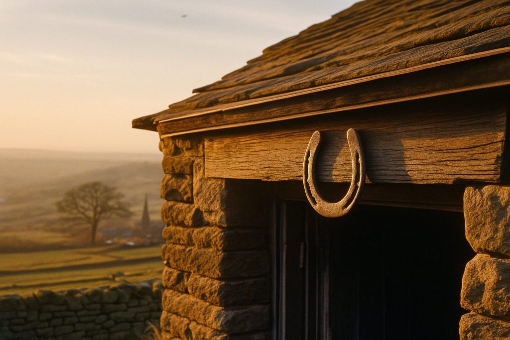 A high-resolution photo of a traditional Yorkshire stone cottage at golden hour, featuring a weathered horseshoe mounted above the wooden doorway. Rolling hills and a distant village bathed in soft sunlight complete the serene rural landscape.