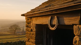 A high-resolution photo of a traditional Yorkshire stone cottage at golden hour, featuring a weathered horseshoe mounted above the wooden doorway. Rolling hills and a distant village bathed in soft sunlight complete the serene rural landscape.