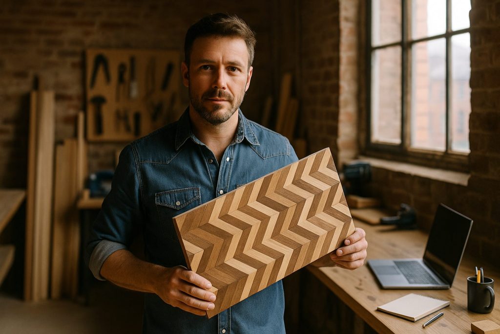 A craftsman in a rustic workshop holds a handmade wooden board with a chevron pattern, sunlight streaming through a large window onto his workbench with tools and a laptop.