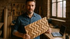 A craftsman in a rustic workshop holds a handmade wooden board with a chevron pattern, sunlight streaming through a large window onto his workbench with tools and a laptop.