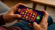A person relaxing on a sofa holds a smartphone in both hands, playing a colourful online slot machine game in landscape mode with “SLOT 777” and fruit symbols clearly visible on the screen.