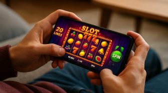 A person relaxing on a sofa holds a smartphone in both hands, playing a colourful online slot machine game in landscape mode with “SLOT 777” and fruit symbols clearly visible on the screen.